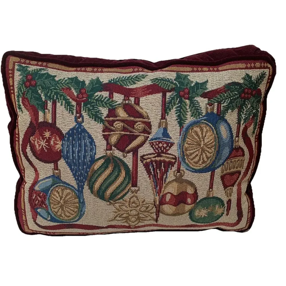 Christmas Ornaments Tapestry Throw Pillow Red Velvet Back 16x12x3